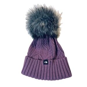 North Face Beanie Youth/Junior‎ One Size Purple Chunky Knit Pom Pom Ski Lodge